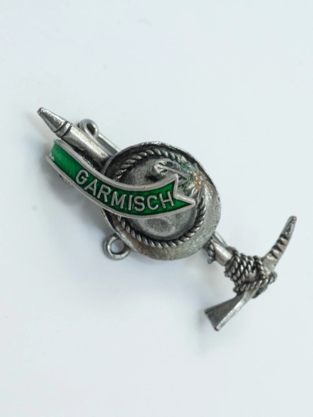 Vintage German Garmisch Travel Souvenir Pin Edelweiss Hat Pickaxe Enamel